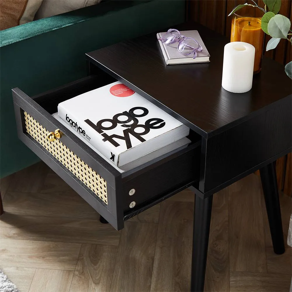 Spinningfield Side Table with Storage Drawer - Black, Cane alternate view