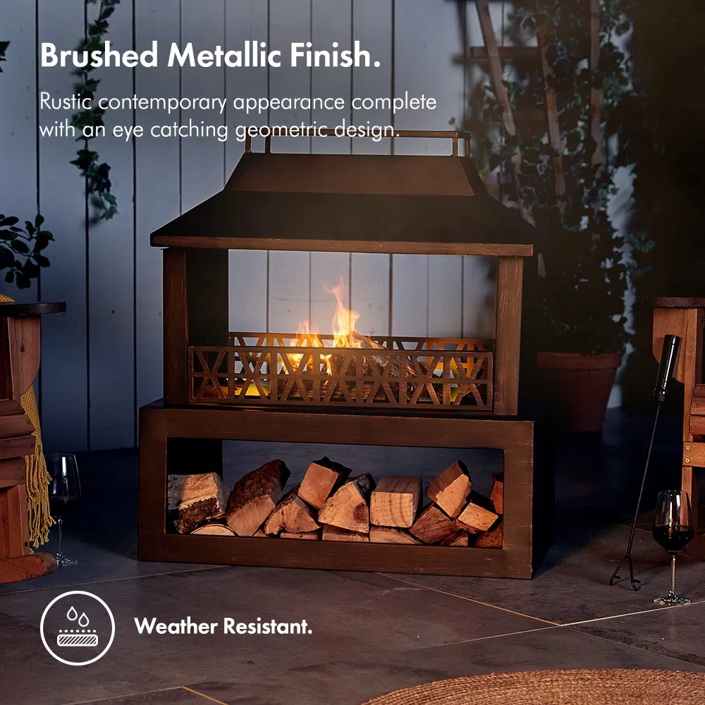 Steel Outdoor Fireplace with Log Storage - Black/Bronze alternate view
