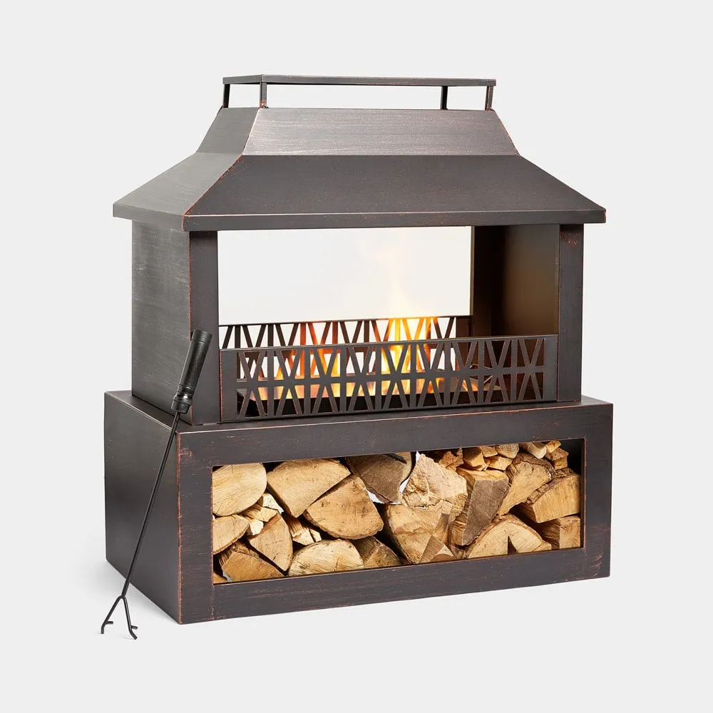 Steel Outdoor Fireplace with Log Storage - Black/Bronze product