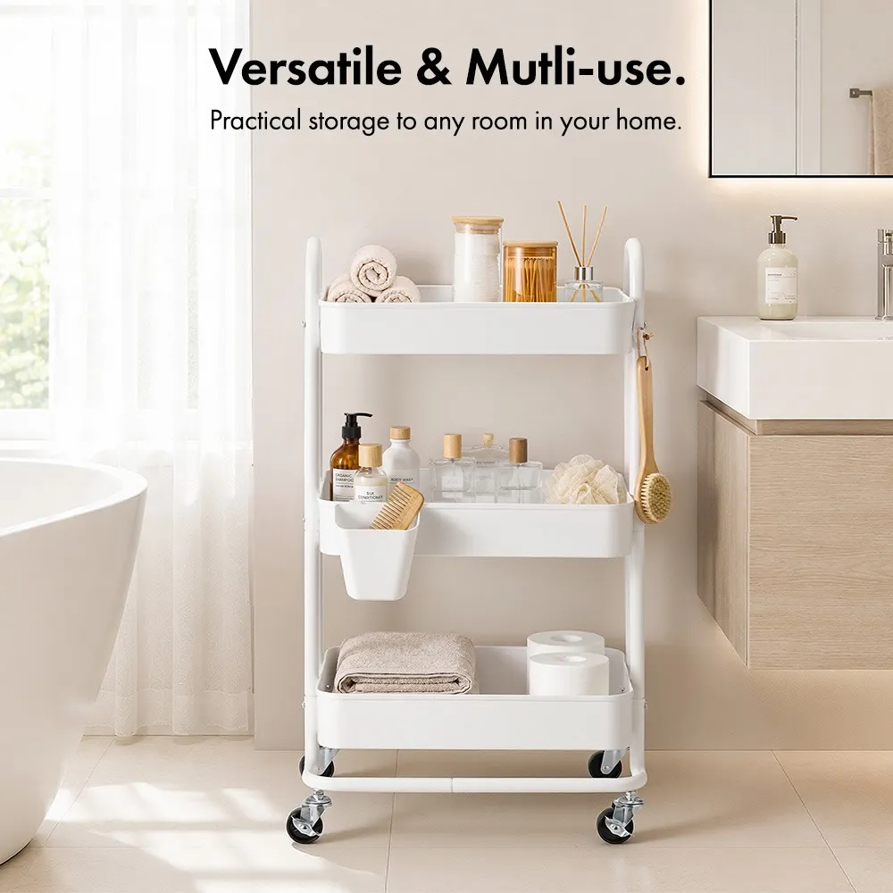 Storage Trolley on Wheels with Wire Baskets - White, Steel alternate view