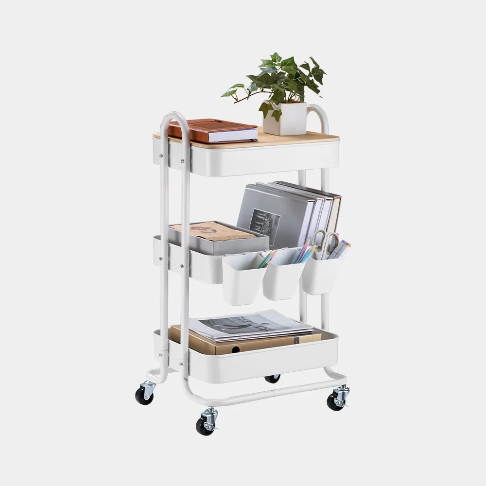 Storage Trolley on Wheels with Wire Baskets - White, Steel product