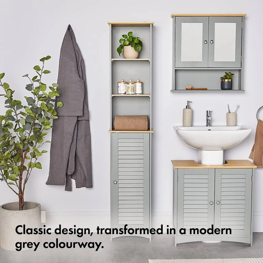 Tall Bathroom Cabinet with Shutter Door & Shelves - Grey, MDF alternate view