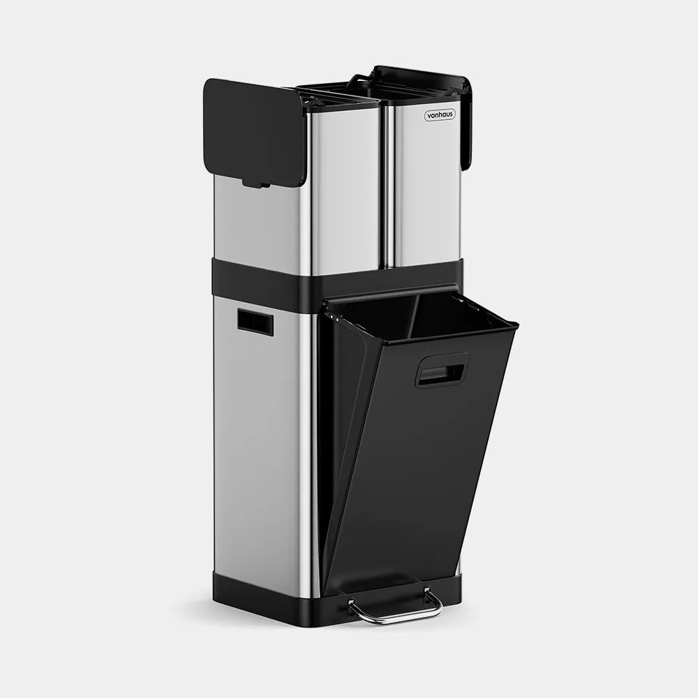 Triple Compartment Recycling Bin with Pedal - Stainless Steel product