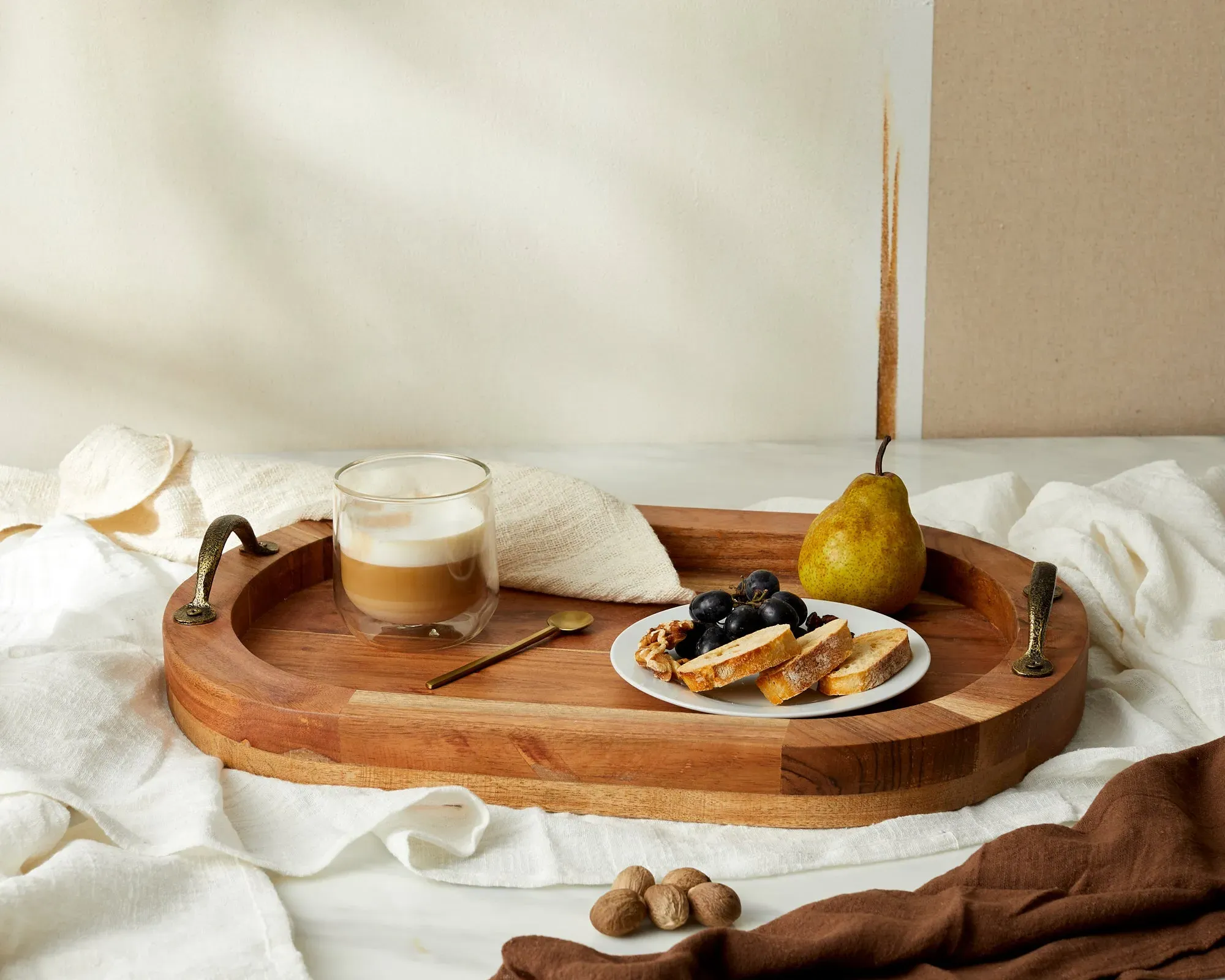 Oval Serving Tray with Handles - Brown, Fir Wood image