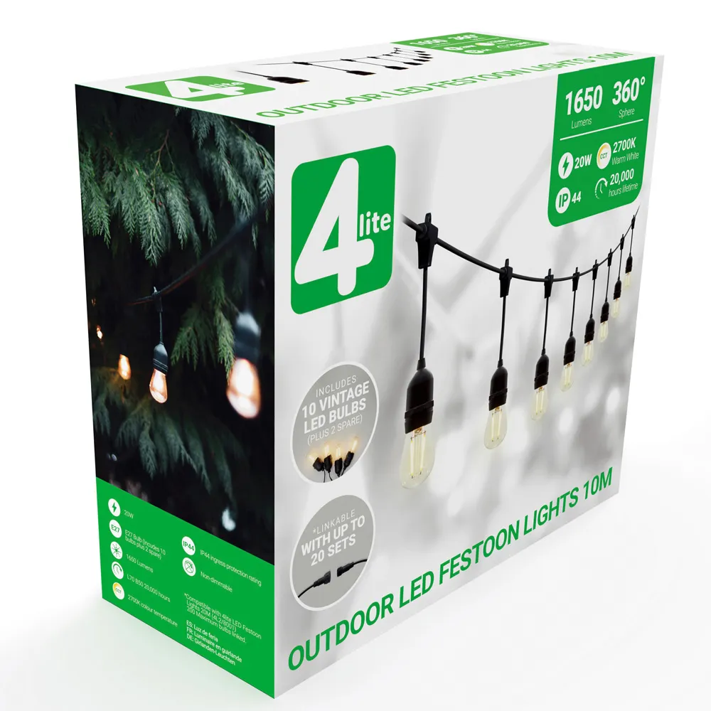 4lite 10m Outdoor String Lamps - Black