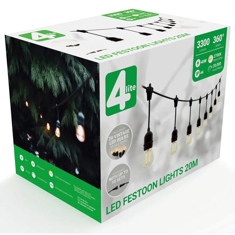 4lite 20m Outdoor String Lamps - Black