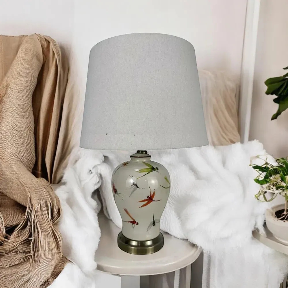 Dragonfly Pattern Ceramic Table Lamp with Shade - Multi