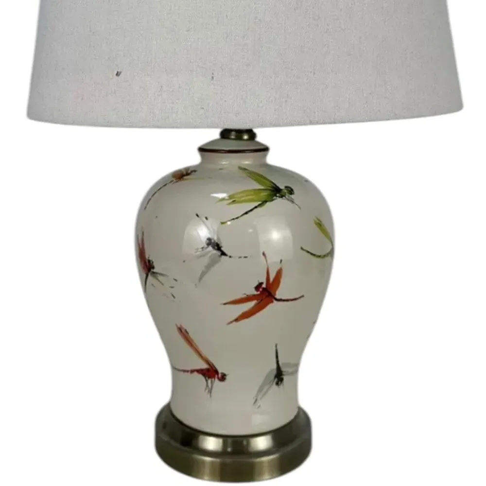 Dragonfly Pattern Ceramic Table Lamp with Shade - Multi