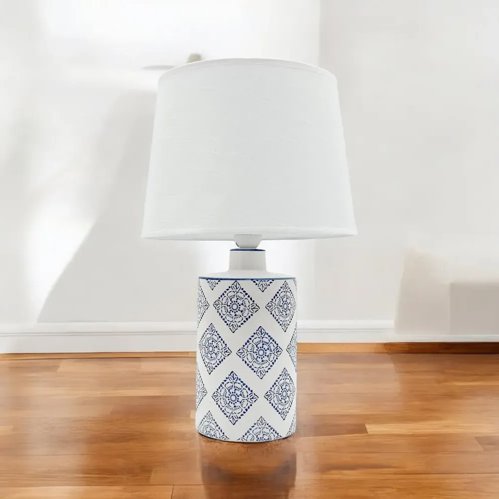 Fabric Shade Blue and White Ceramic Lamp 45cm