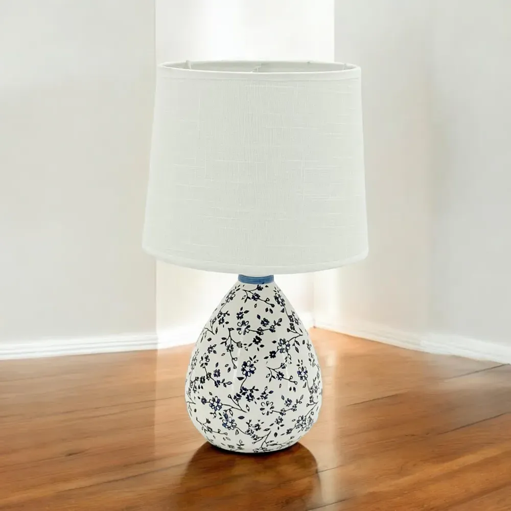 Fabric Shade Blue and White Flower Ceramic Lamp 37cm