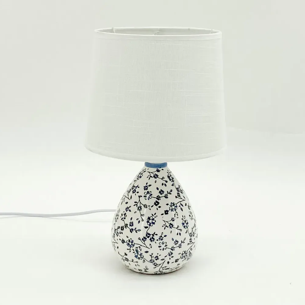 Fabric Shade Blue and White Flower Ceramic Lamp 37cm