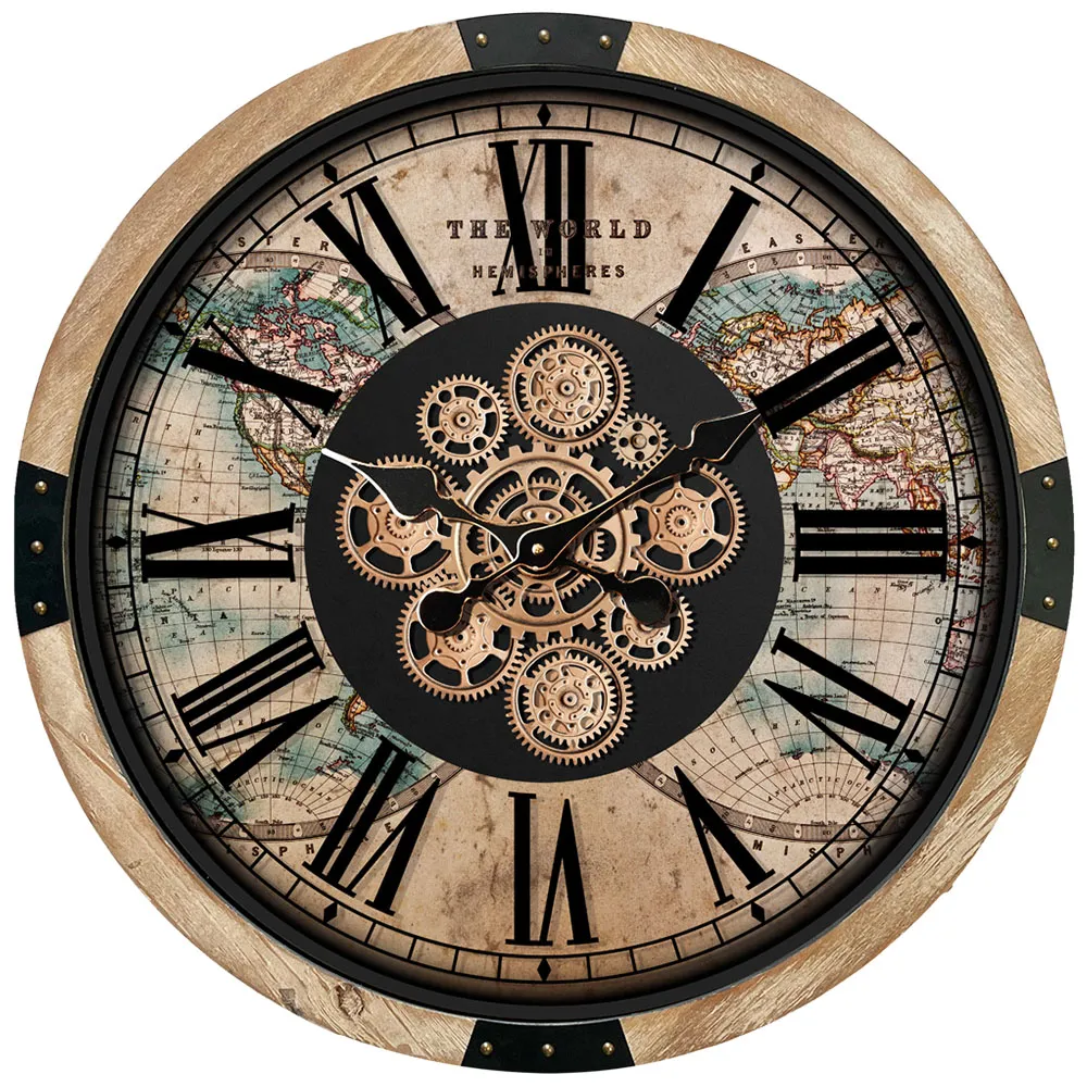 Round Gear Wall Clock 64cm - Brown