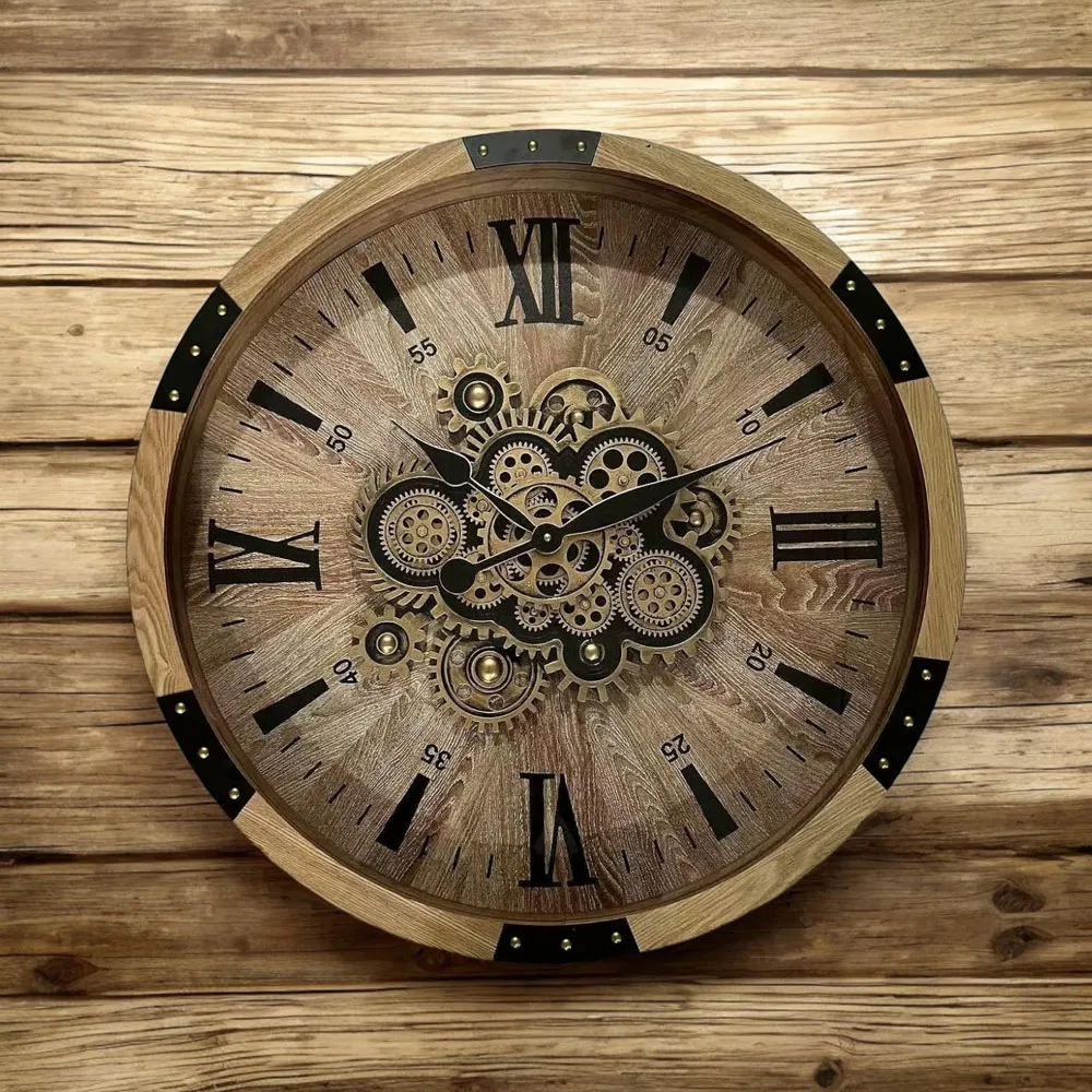 Round Gear Wall Clock 68cm - Black, Wood Effect