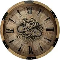 Round Gear Wall Clock 68cm - Black, Wood Effect