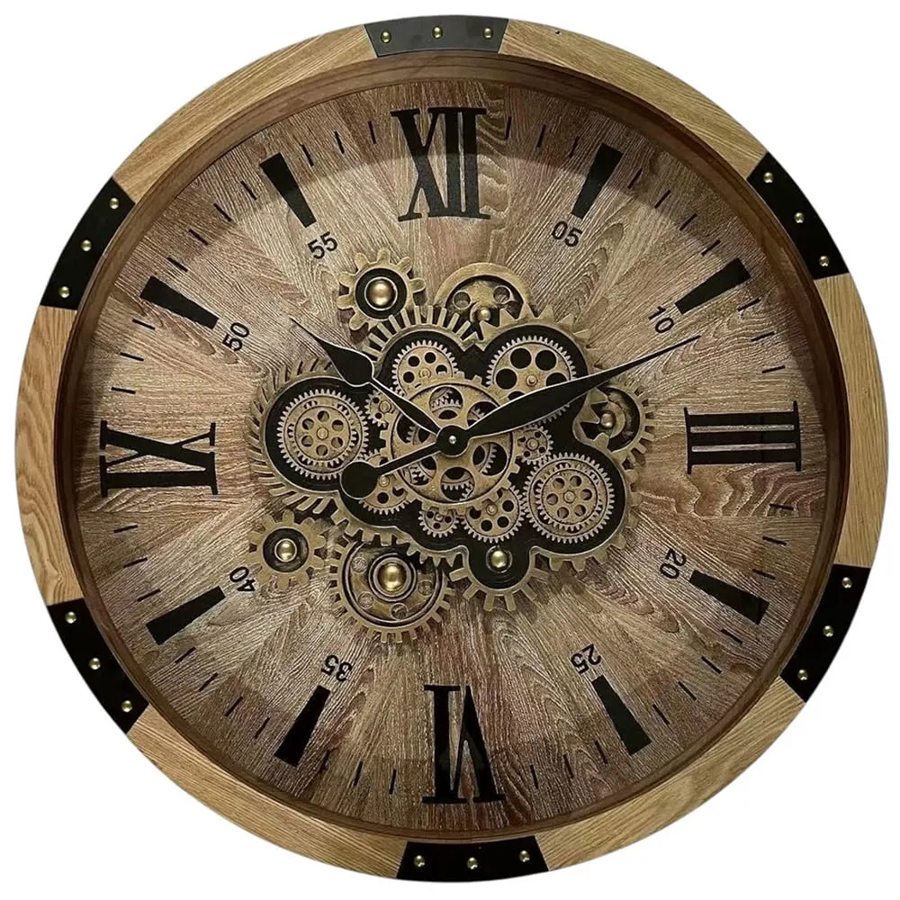 Round Gear Wall Clock 68cm - Black, Wood Effect