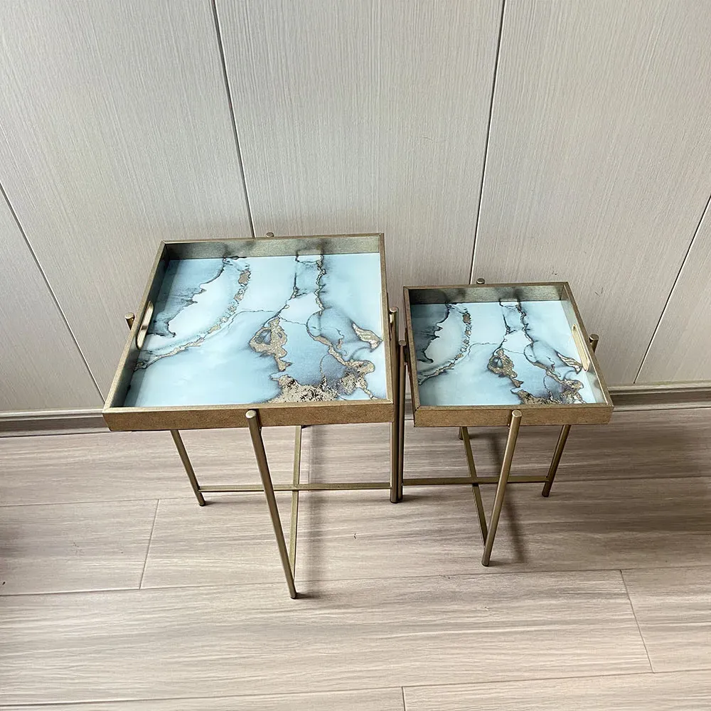 Set of 2 Square Nesting Tables with Marble Effect - Gold