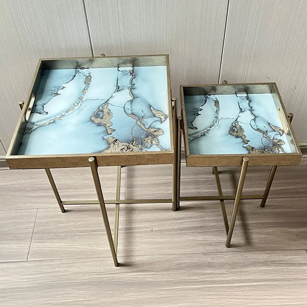 Set of 2 Square Nesting Tables with Marble Effect - Gold image