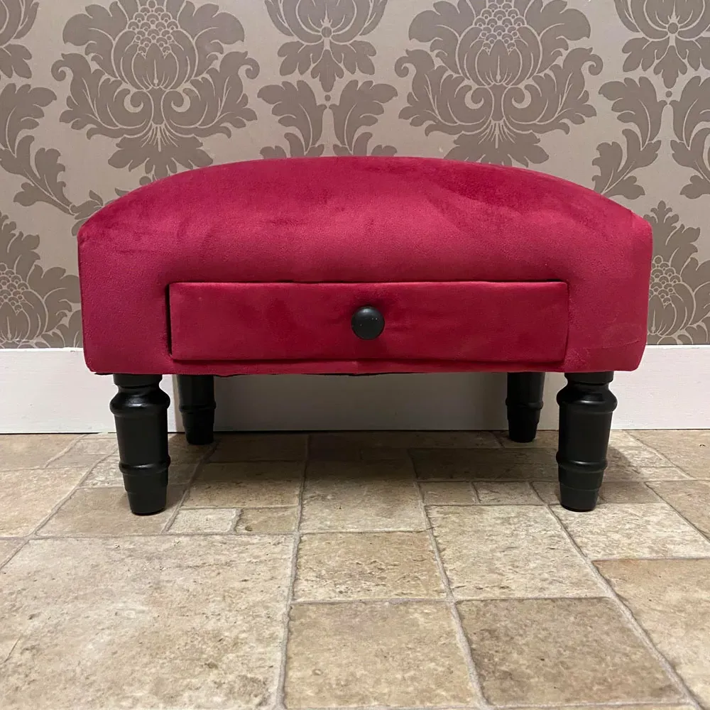 Single Drawer Footstool with Storage - Red, Velvet