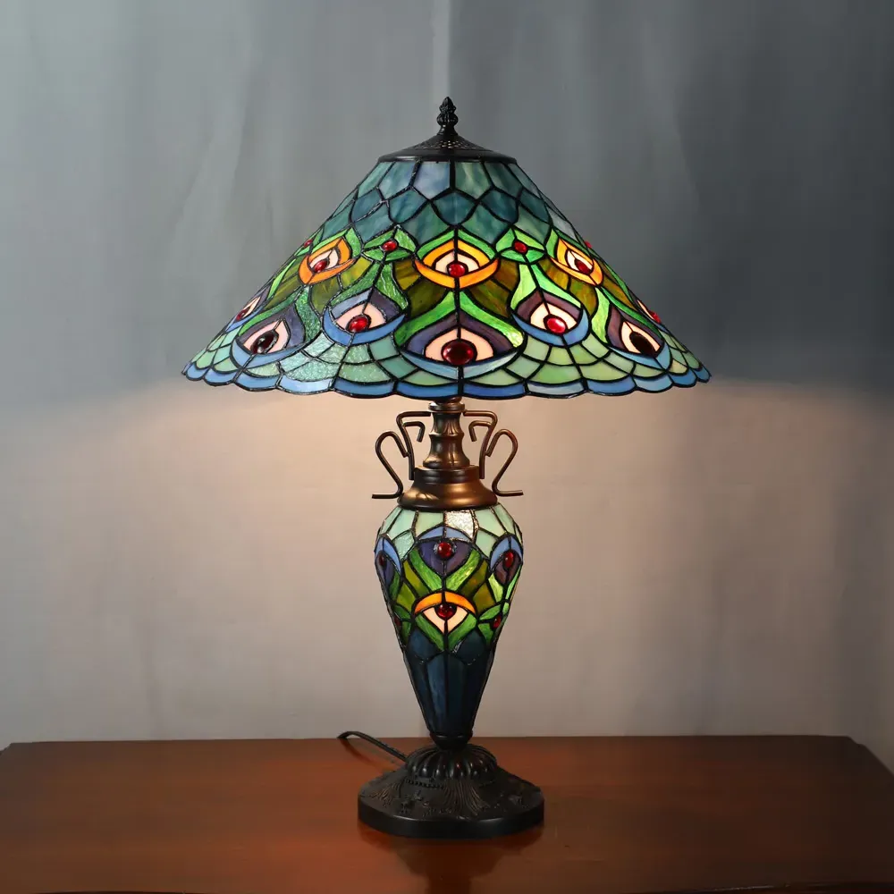 Tiffany Peacock Double Table Lamp - Multi