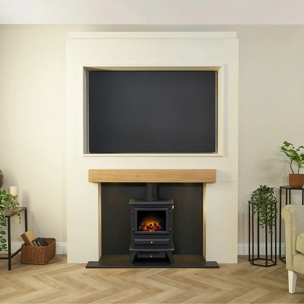 Pre-Built Stove Media Wall with TV Recess and Hudson Stove - Black