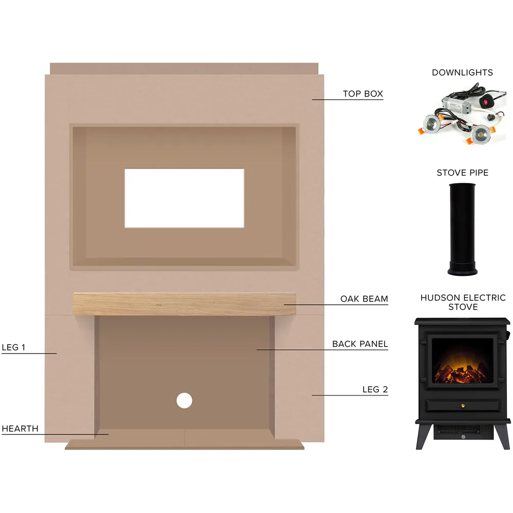 Pre-Built Stove Media Wall with TV Recess and Hudson Stove - Black