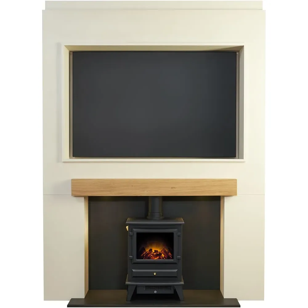 Pre-Built Stove Media Wall with TV Recess and Hudson Stove - Black image