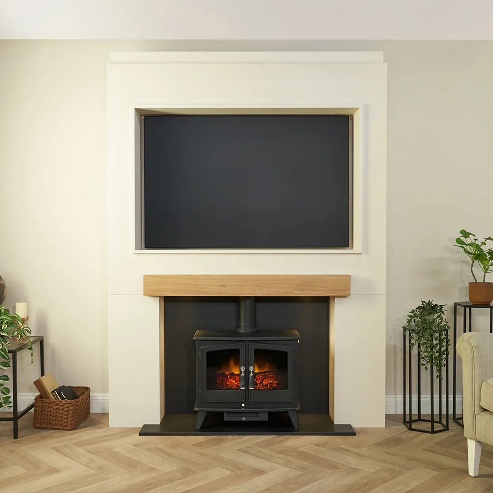 Pre-Built Stove Media Wall with TV Recess and Woodhouse Stove - Black