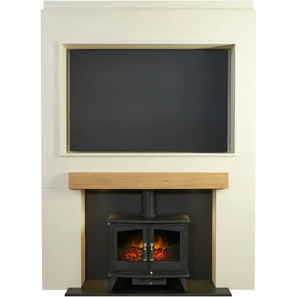 Pre-Built Stove Media Wall with TV Recess and Woodhouse Stove - Black