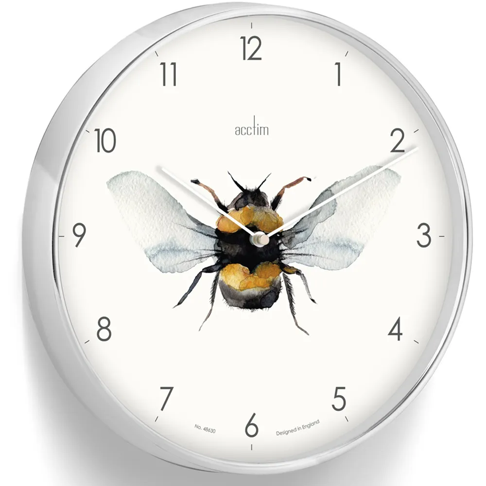 Society Round Wall Clock with Bee Design - Silver, Chrome
