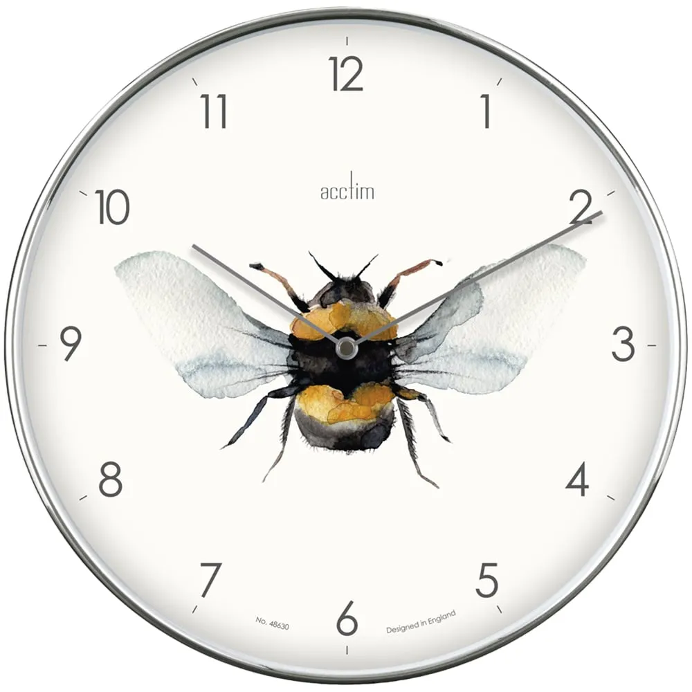 Society Round Wall Clock with Bee Design - Silver, Chrome image