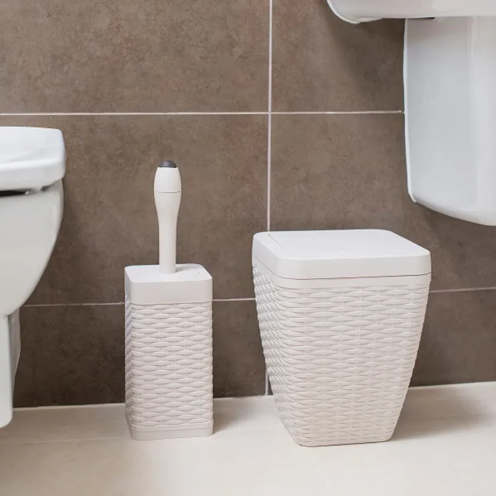 Square Bathroom Set with Bin and Brush - Cream, Faux Rattan