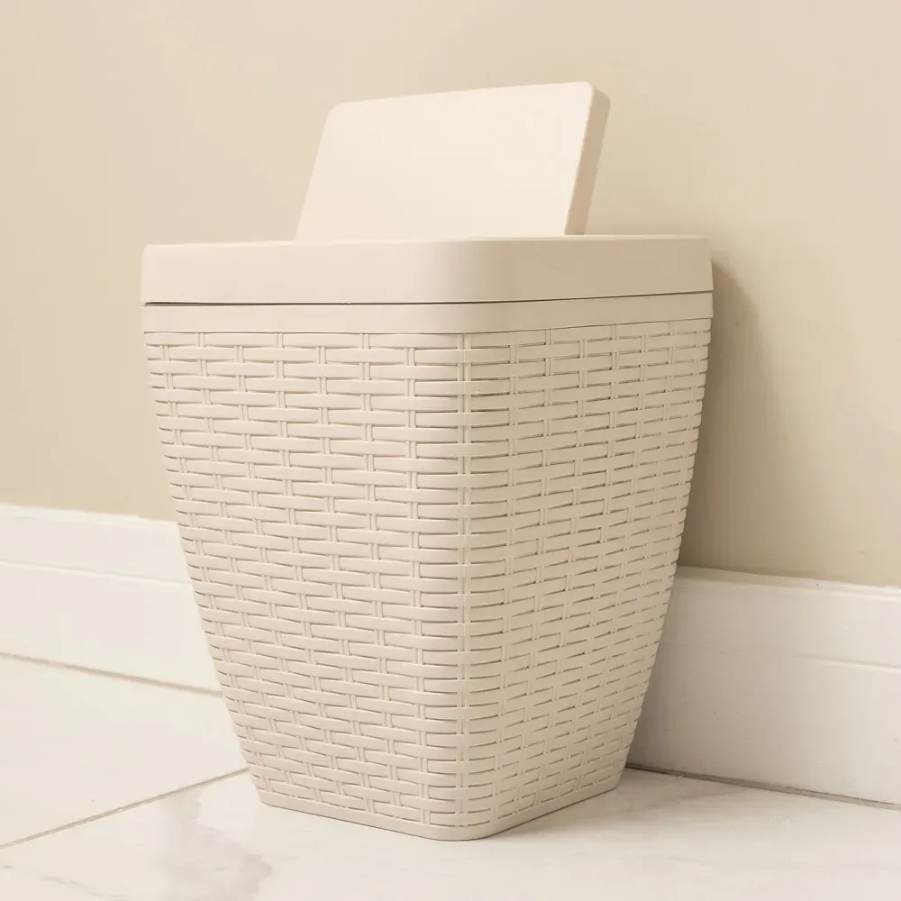 Square Bathroom Set with Bin and Brush - Cream, Faux Rattan