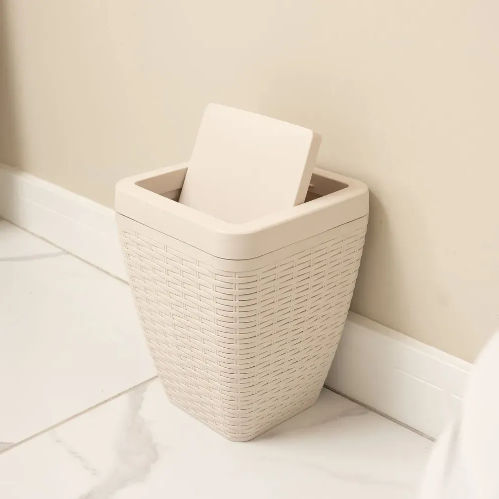 Square Bathroom Set with Bin and Brush - Cream, Faux Rattan