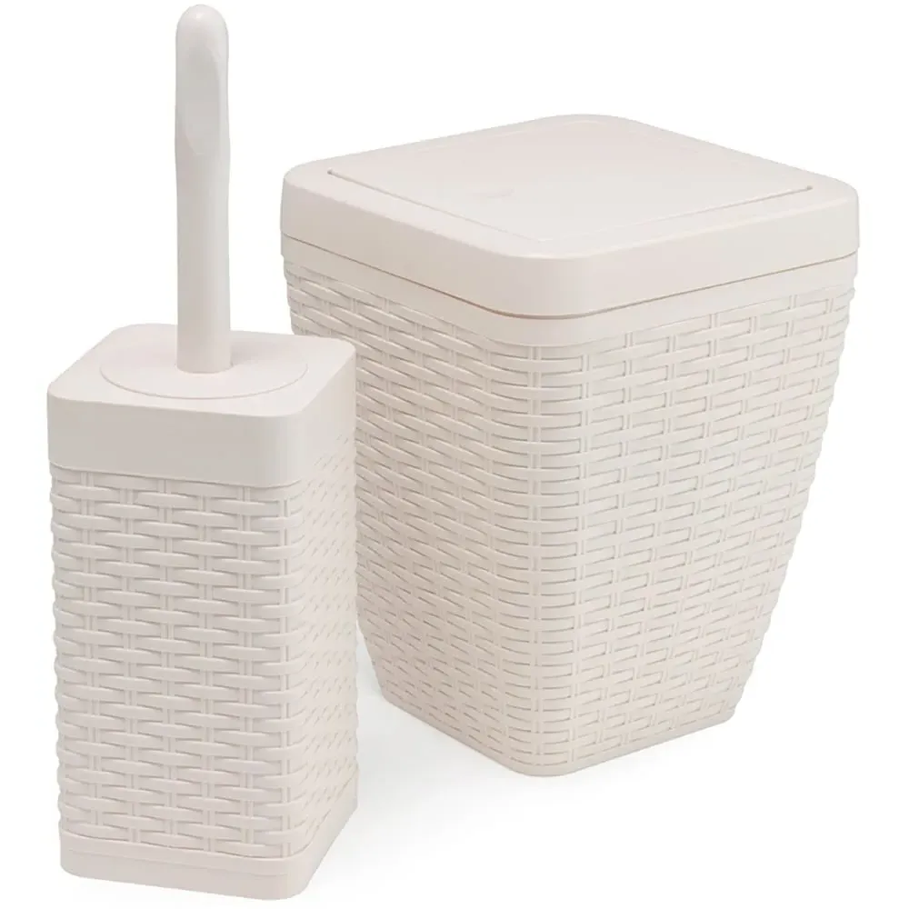 Square Bathroom Set with Bin and Brush - Cream, Faux Rattan image