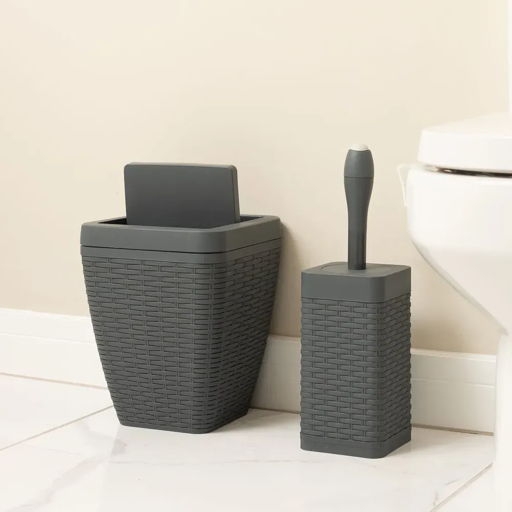 Square Bathroom Set with Bin and Brush - Grey, Faux Rattan