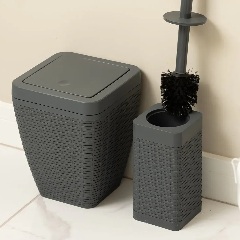Square Bathroom Set with Bin and Brush - Grey, Faux Rattan