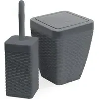 Square Bathroom Set with Bin and Brush - Grey, Faux Rattan