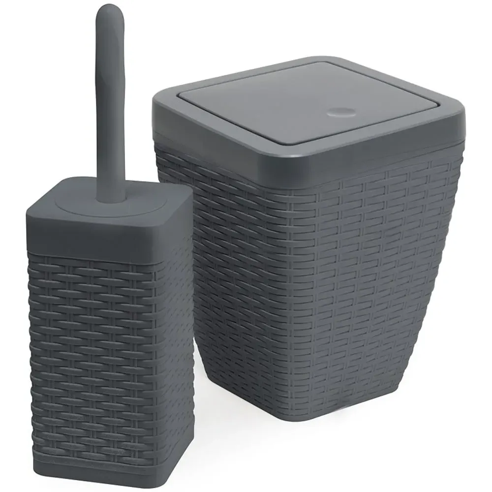 Square Bathroom Set with Bin and Brush - Grey, Faux Rattan
