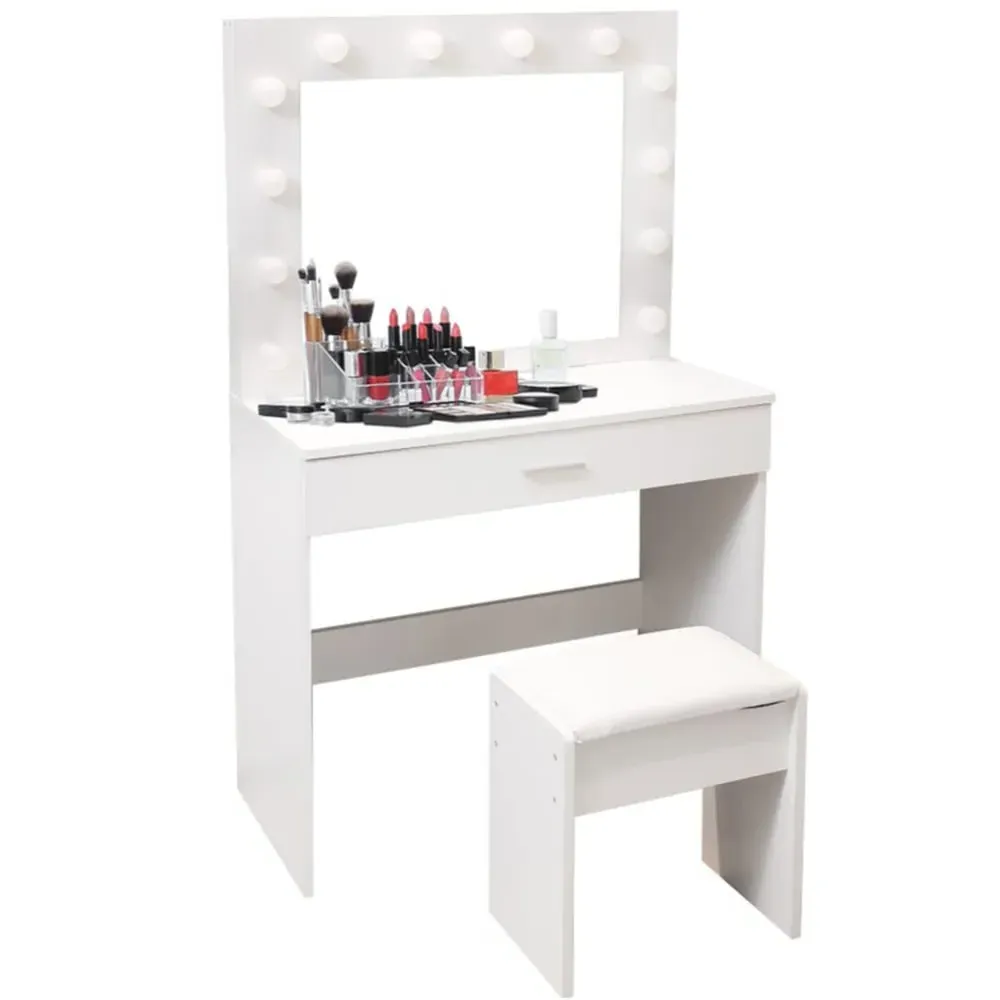 Single Drawer Hollywood Dressing Table Set with LED Mirror - White
