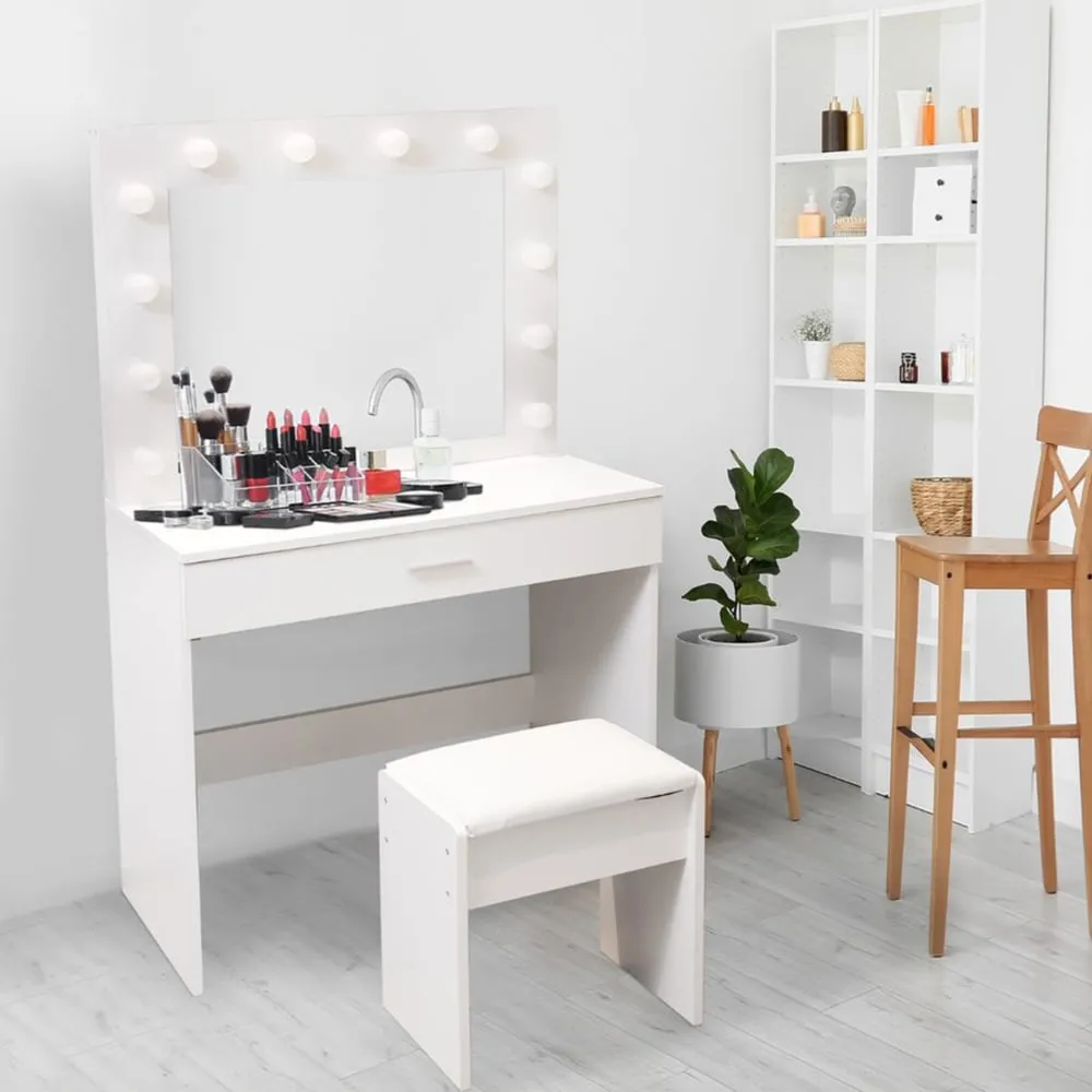 Single Drawer Hollywood Dressing Table Set with LED Mirror - White