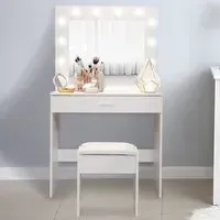 Single Drawer Hollywood Dressing Table Set with LED Mirror - White