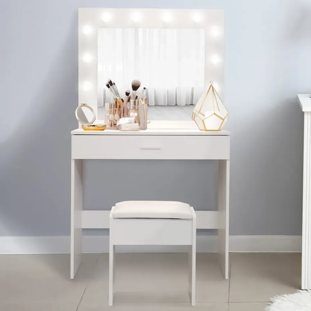 Single Drawer Hollywood Dressing Table Set with LED Mirror - White image