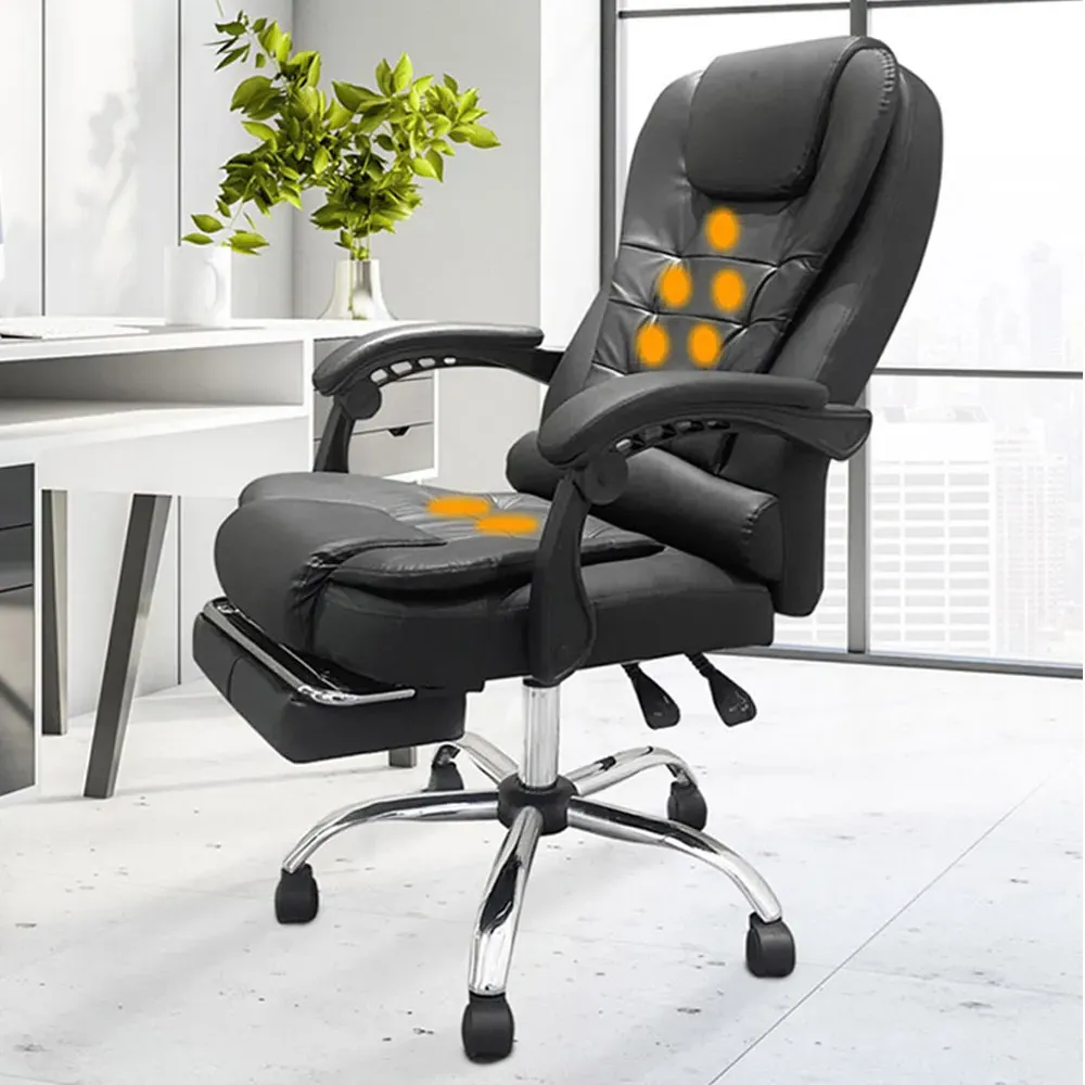 Swivel Massage Office Chair with Footrest - Black, PU Leather image