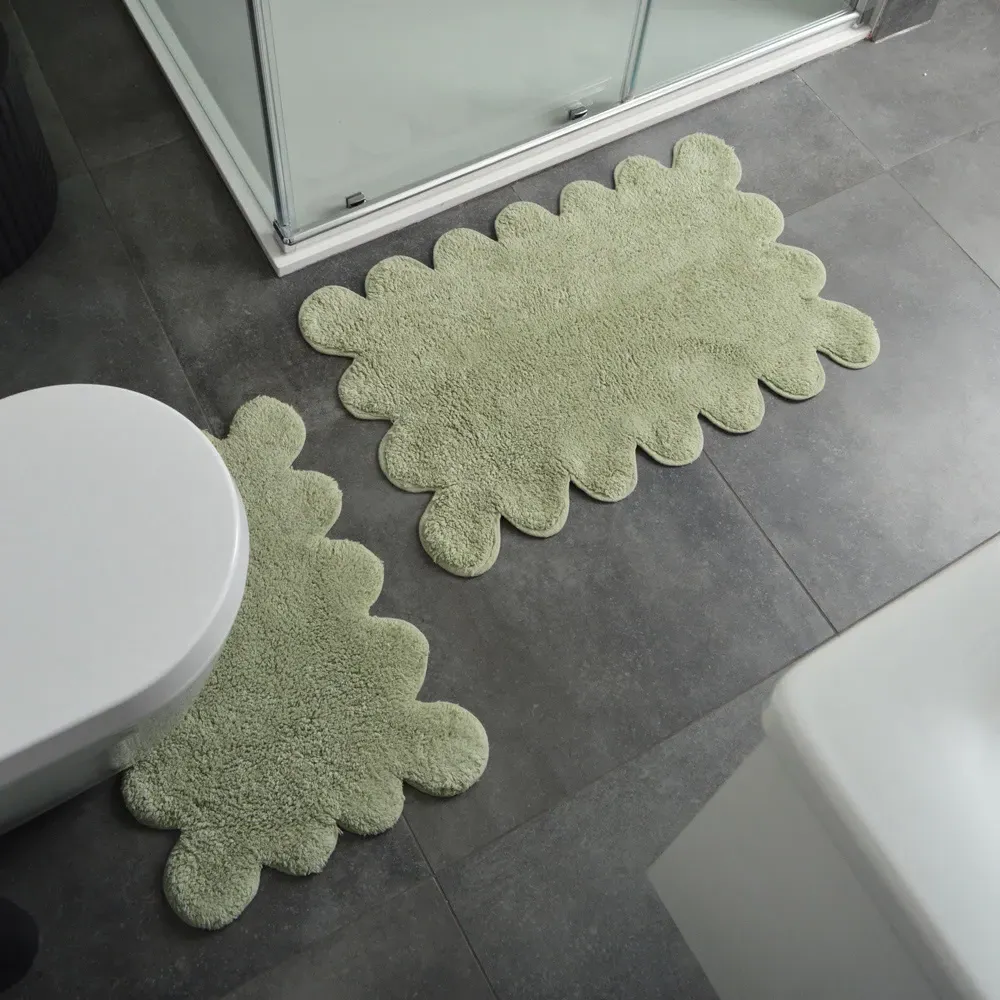 2 Piece Scallop Bath Mat Set - Green, Cotton