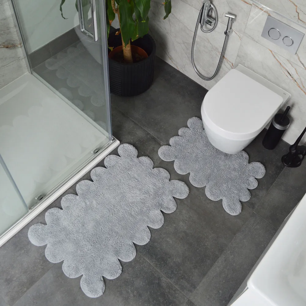 2 Piece Scallop Bath Mat Set - Grey, Cotton