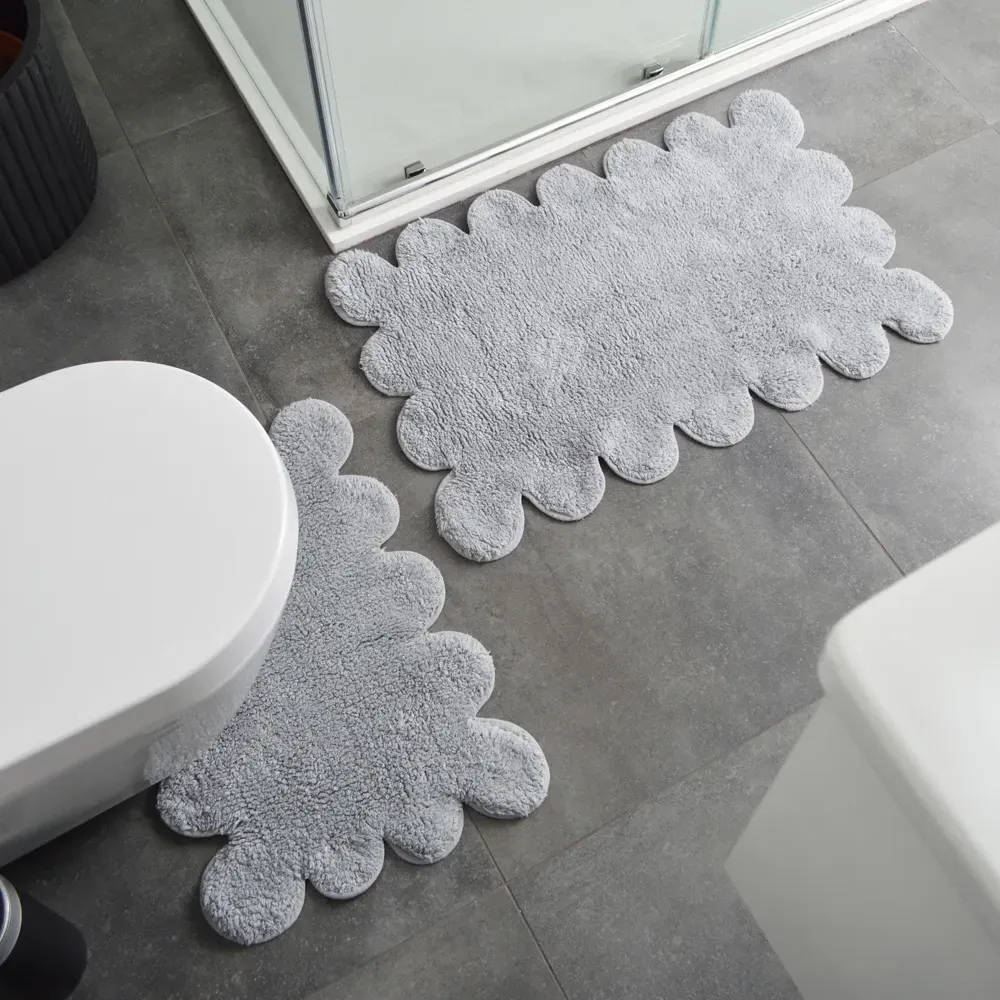 2 Piece Scallop Bath Mat Set - Grey, Cotton
