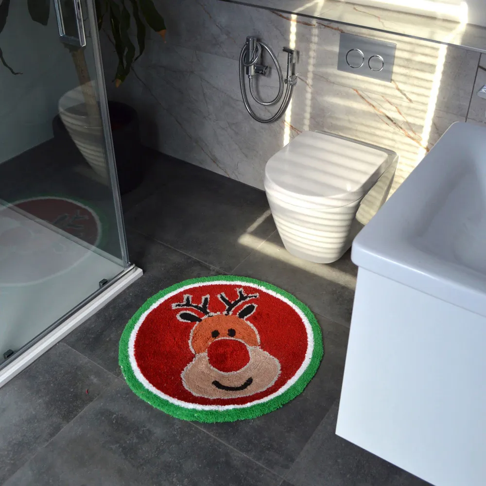 Christmas Rudolph Round Bath Mat - Red