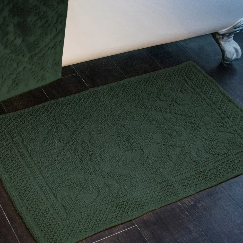 Country House Floral Jacquard Bath Mat - Dark Green, Cotton