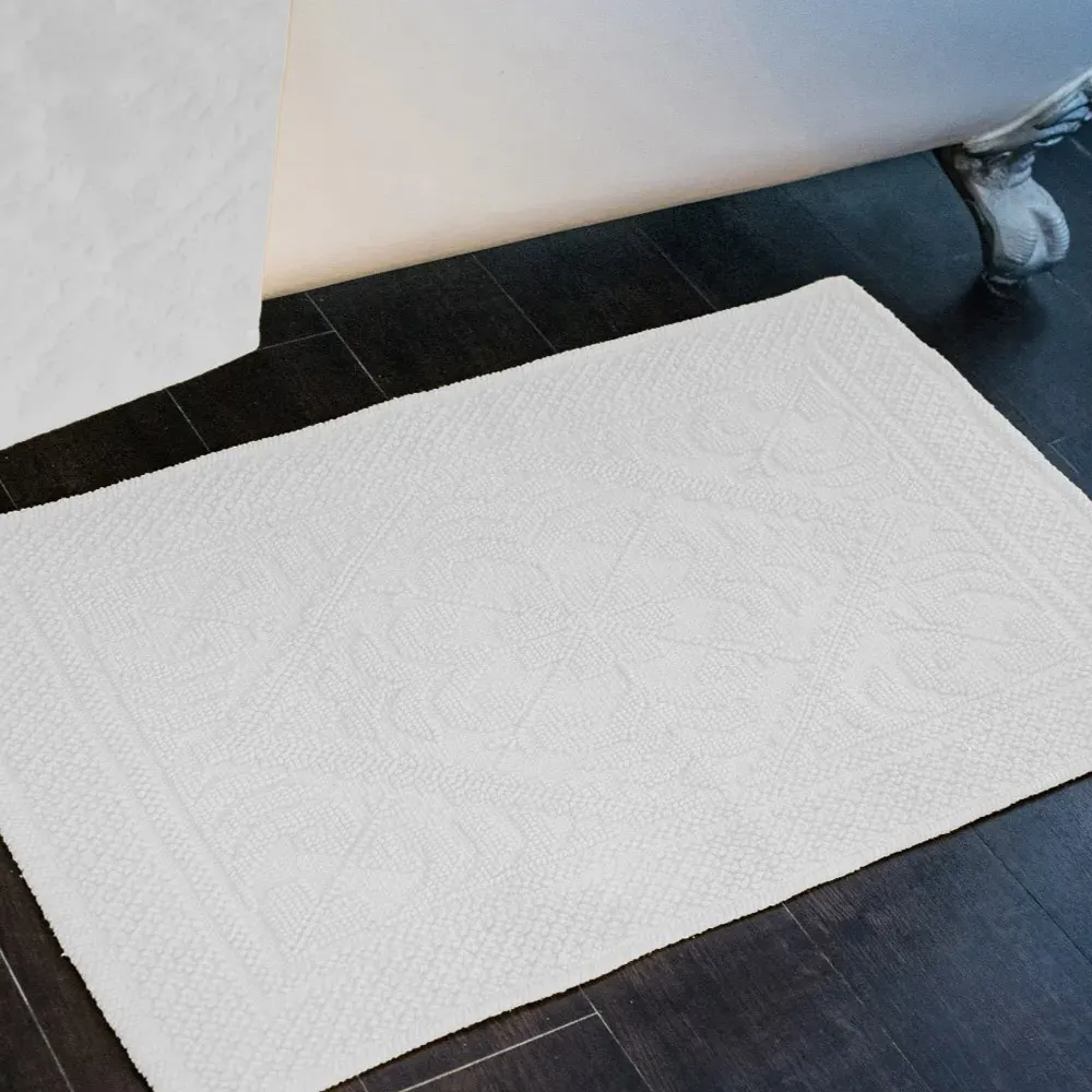 Country House Floral Jacquard Bath Mat - White, Cotton