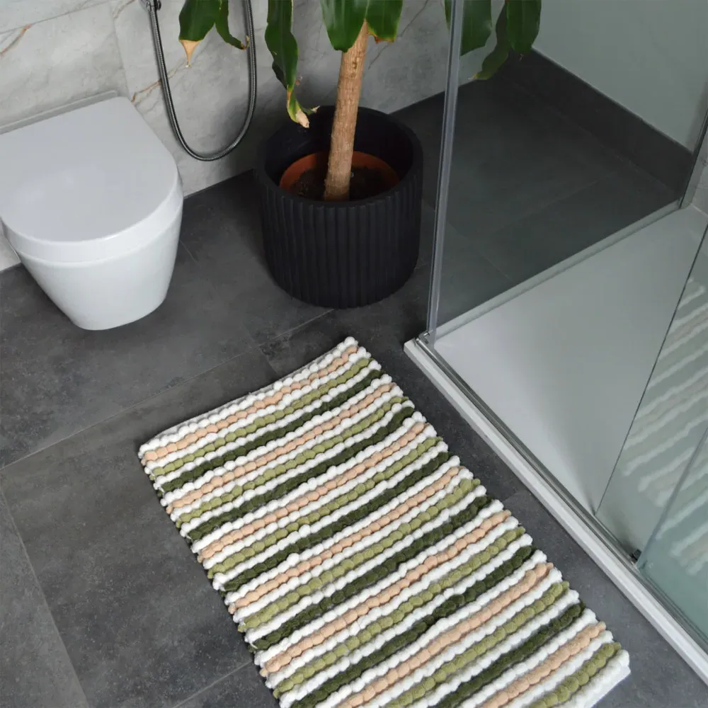 Green Striped Chunky Bobble Bath Mat